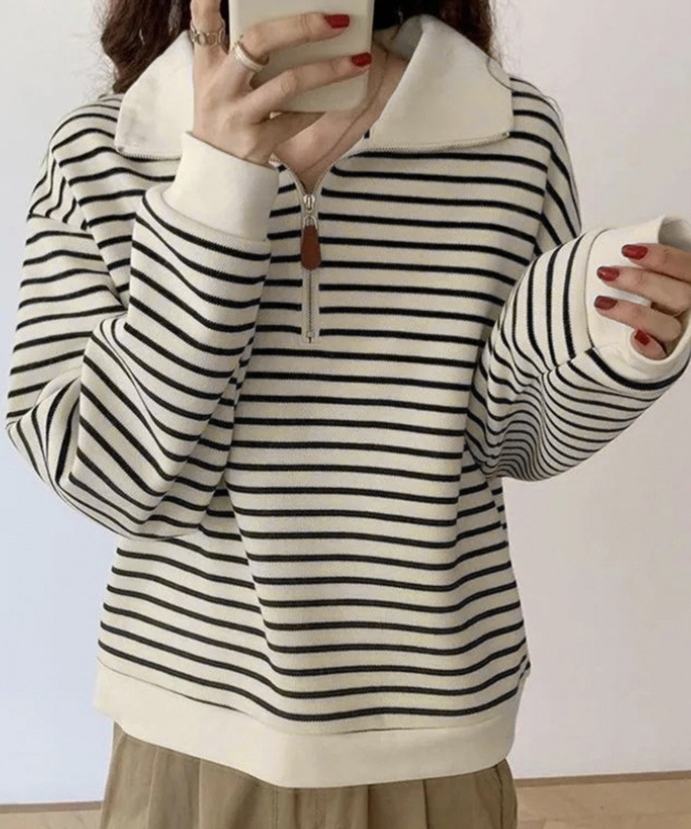 ボーダー服 ハーフジップ襟付きボーダーニット長袖