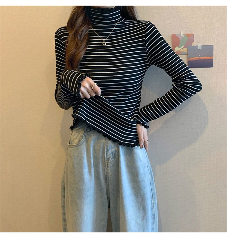 ボーダー服 上質素材の細ボーダータートルネックニット秋冬レディース