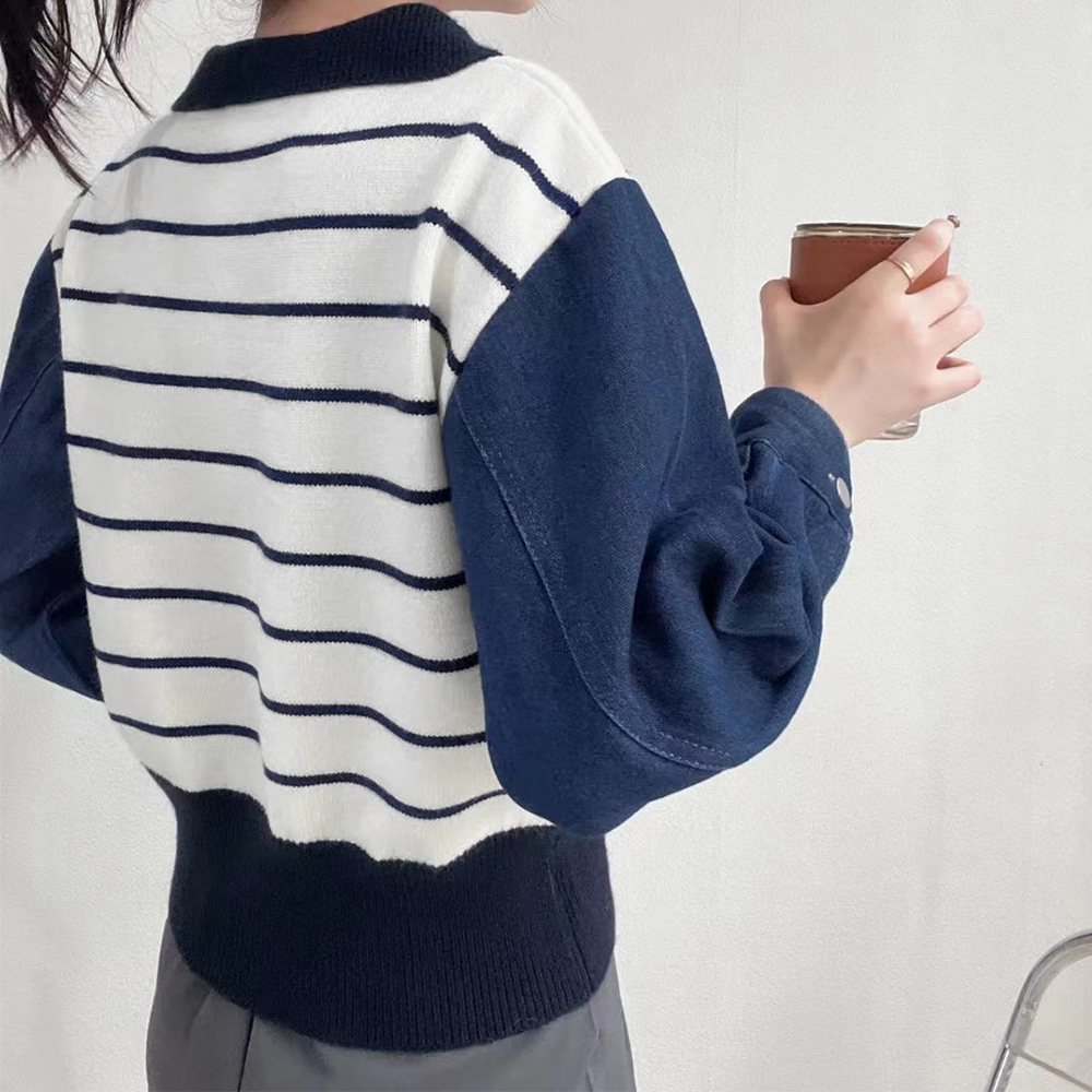 ボーダー服 デニム袖切り替えポロカラーボーダーニット