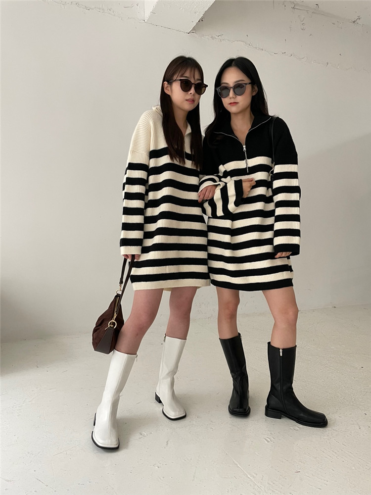 ボーダー服 ジッパー付きボーダーニットワンピース厚手暖かセーター