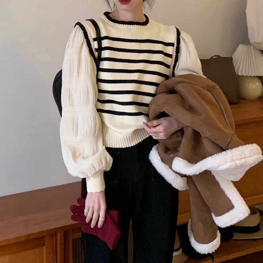 ボーダー服 ボーダー異素材ドッキングニットセーター