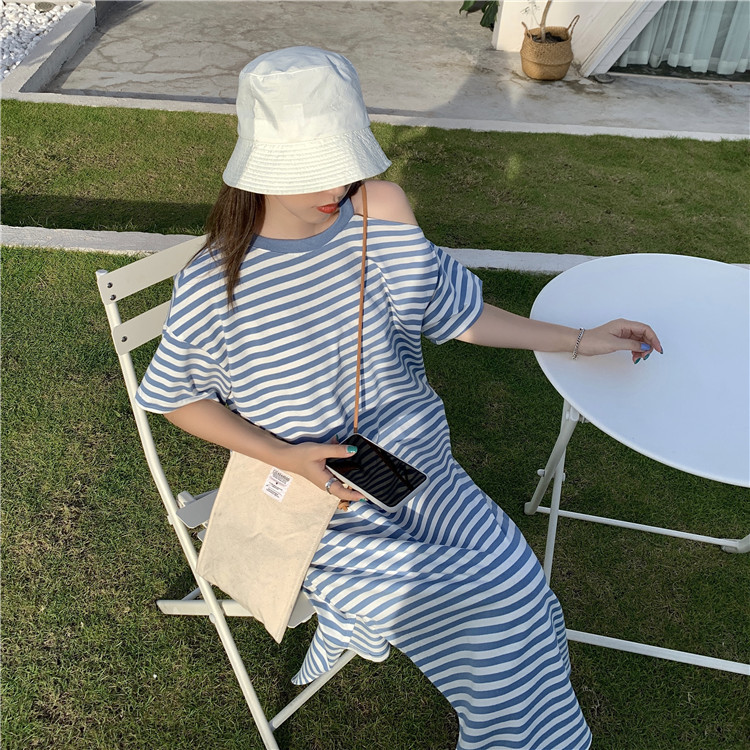 ボーダー服 肩見せボーダーゆったりワンピース