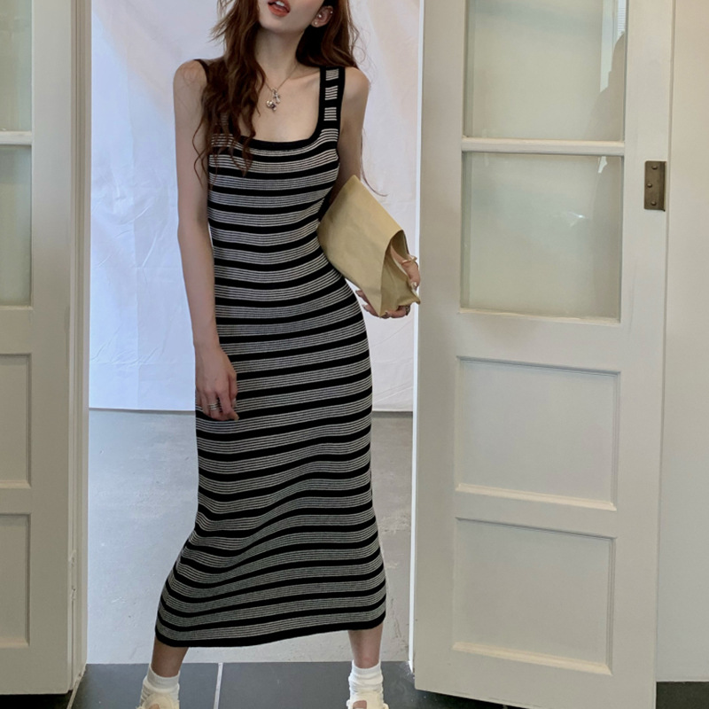 ボーダー服 ボーダー服 リブ編みノースリーブボーダーワンピース