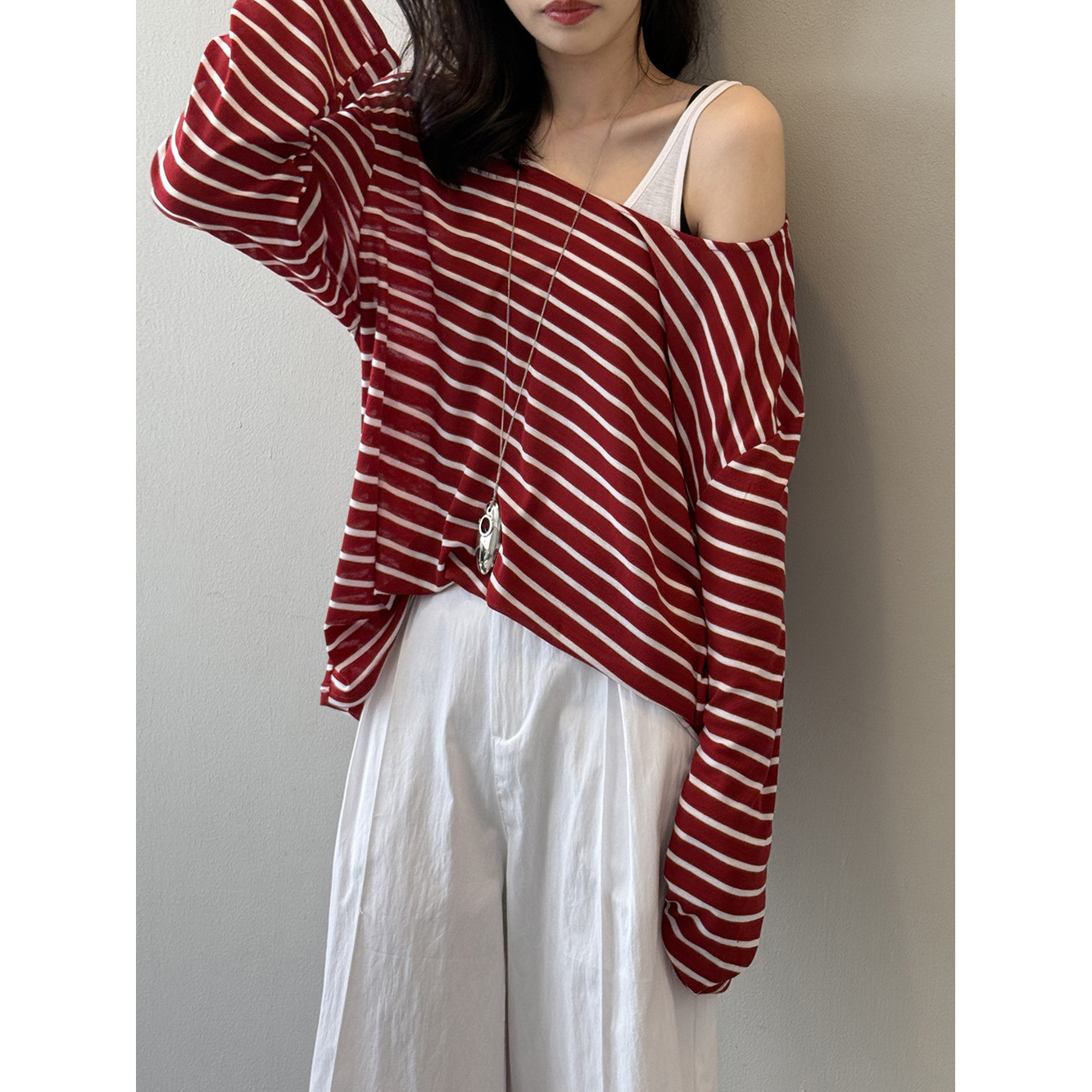 ボーダー服 ゆったりボーダー長袖カットソー