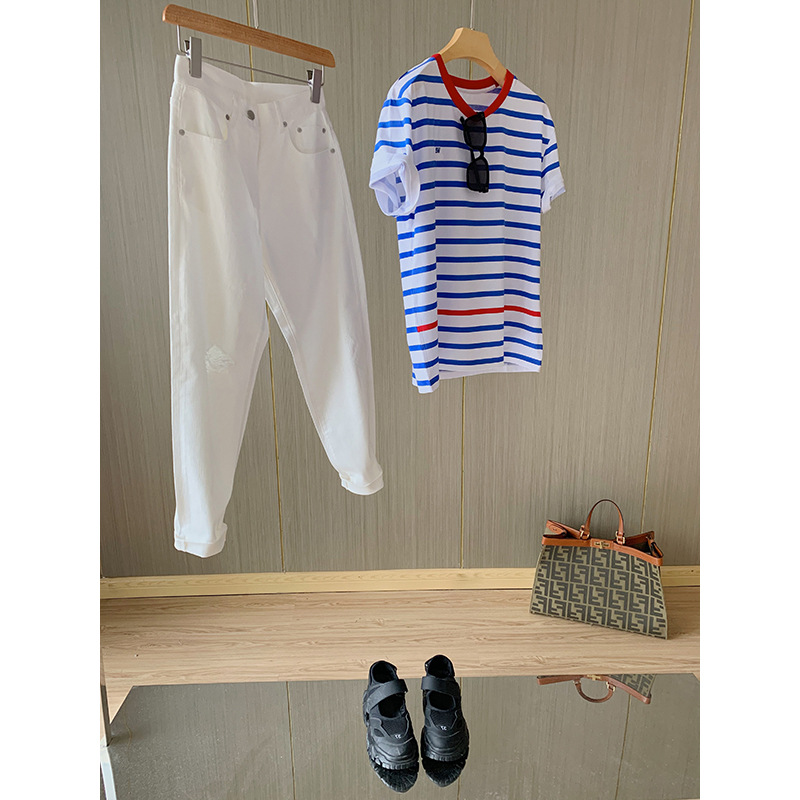 ボーダー服 ボーダー服 爽やか海風リブネック細ボーダーシャツ