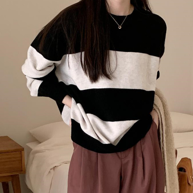 ボーダー服 新作 ボーダー柄ニットセーター ゆったりプルオーバー