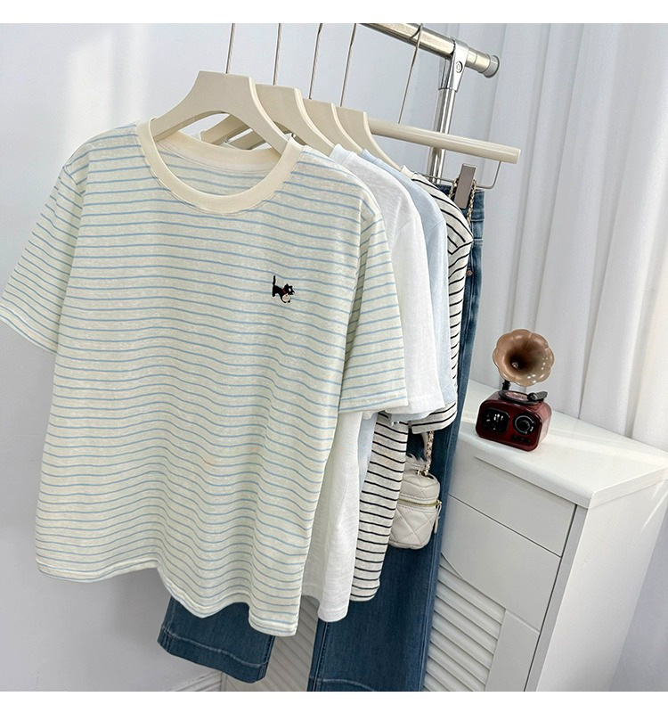 ボーダー服 ねこさん刺繍入りボーダーTシャツ
