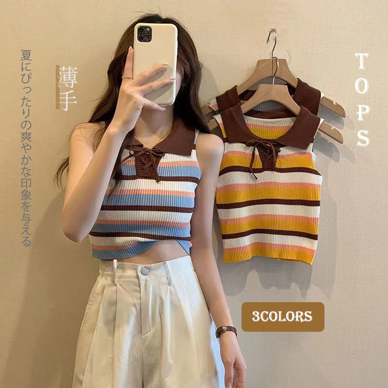 ボーダー服 襟付きリボン ボーダー ニット タンクトップ ショート丈