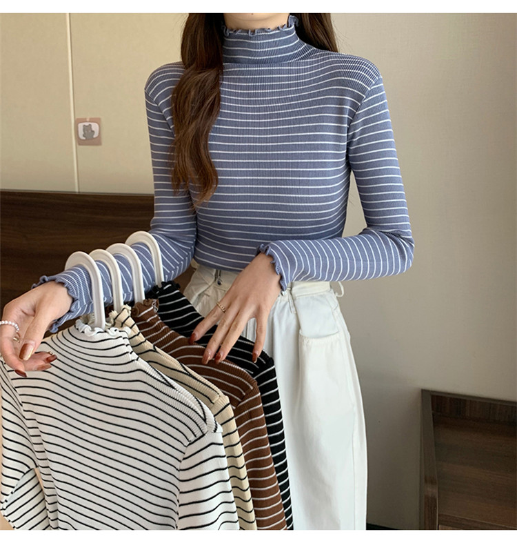 ボーダー服 上質素材の細ボーダータートルネックニット秋冬レディース