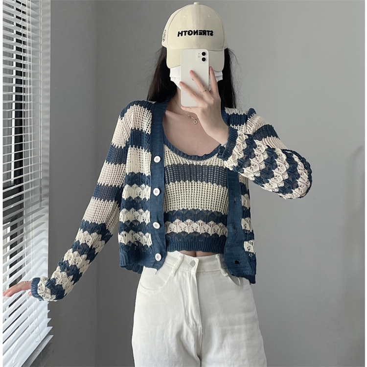 ボーダー服 ボーダー柄ニットカーディガン二点セット秋冬