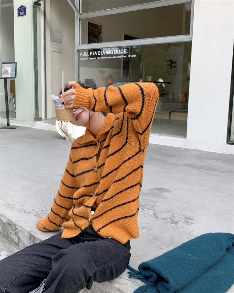 ボーダー服 復古気質ボーダーカーディガン長袖ニット