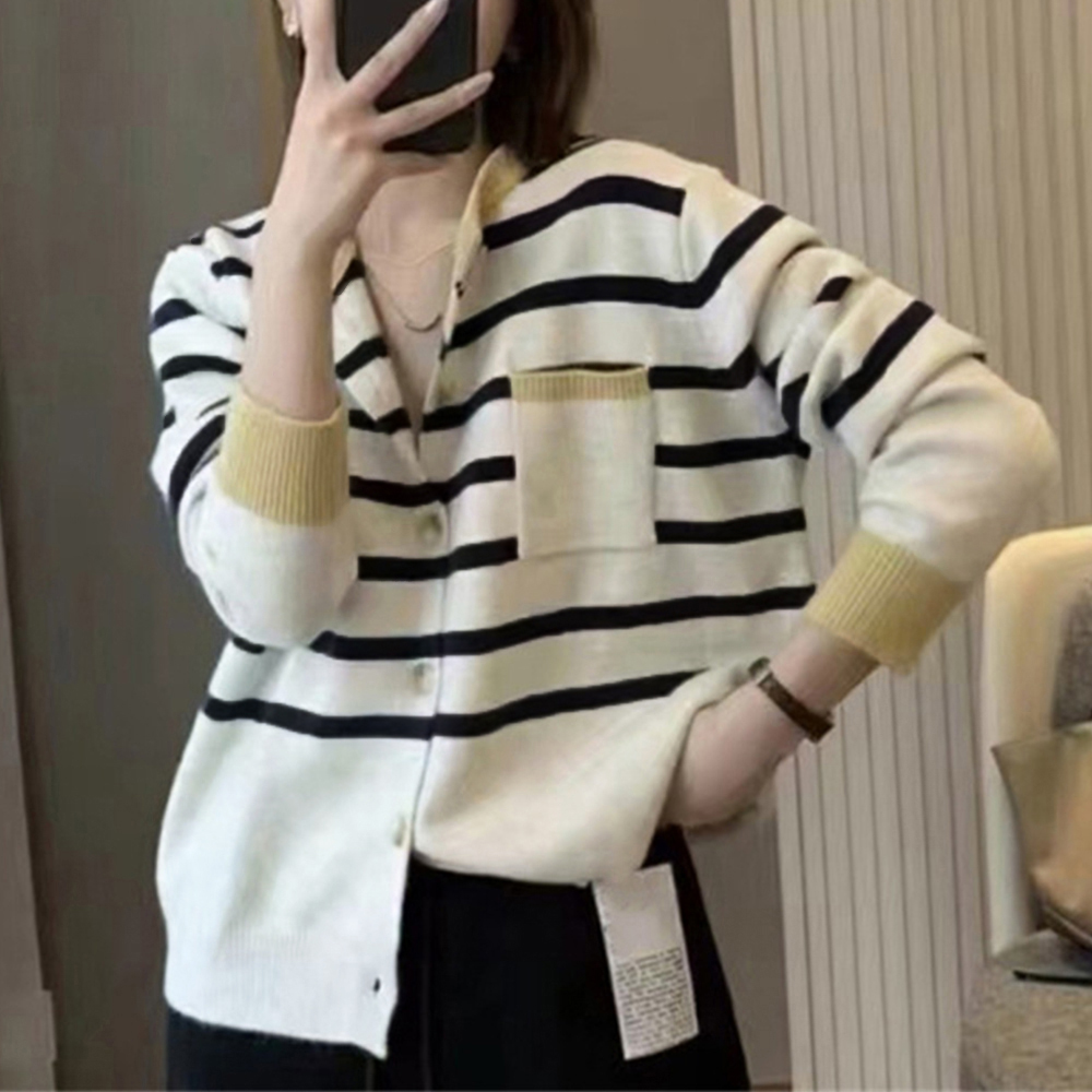 ボーダー服 ボーダー柄ニットカーディガン レディース 配色デザイン