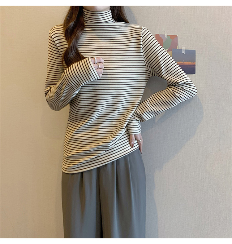 ボーダー服 暖かい厚手ボーダータートルネック長袖シャツ