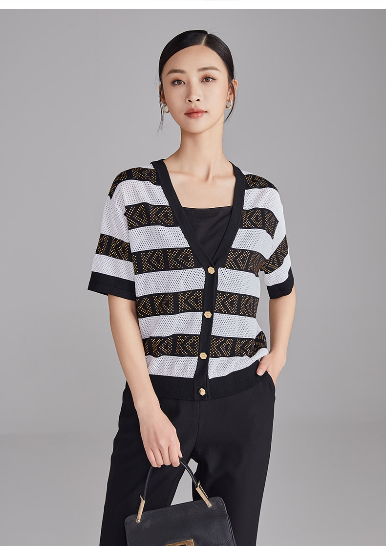 ボーダー服 透かし編みボーダー半袖カーディガン