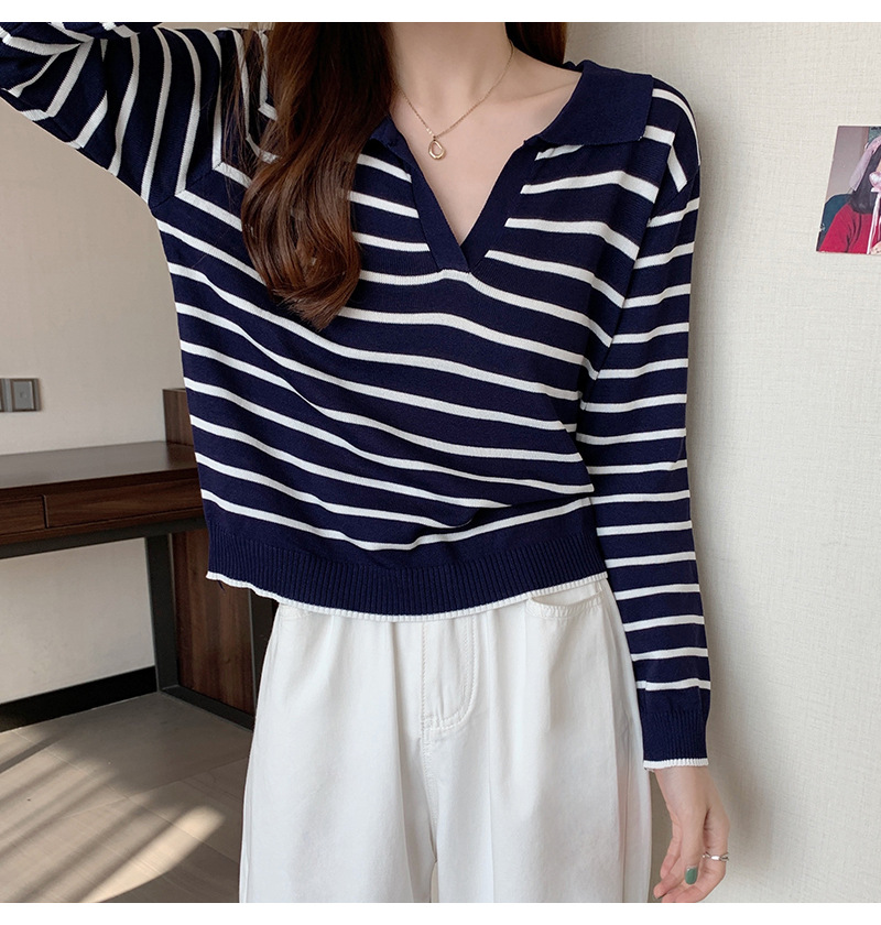 ボーダー服 新作レディース襟付きボーダーニット長袖