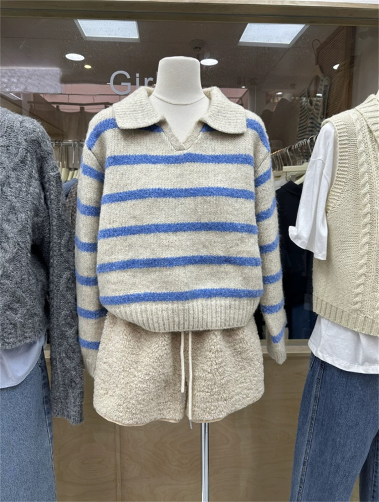 ボーダー服 秋冬厚手横縞ニット襟付きゆったりセーター