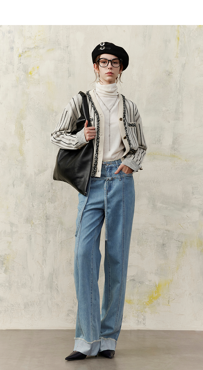 ボーダー服 上品飾り編みストライプカーディガン