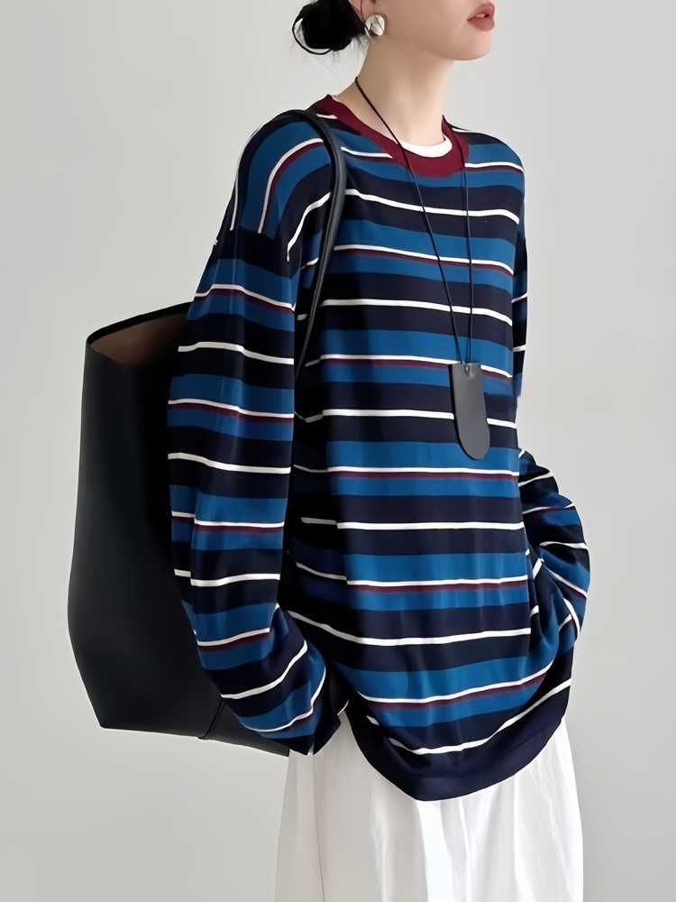 ボーダー服 2025新作 マルチボーダー柄長袖トップス レディース春秋
