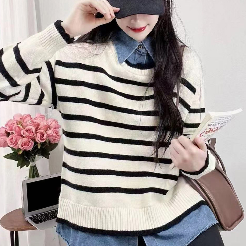 ボーダー服 ボーダーニット重ね着風長袖トップス