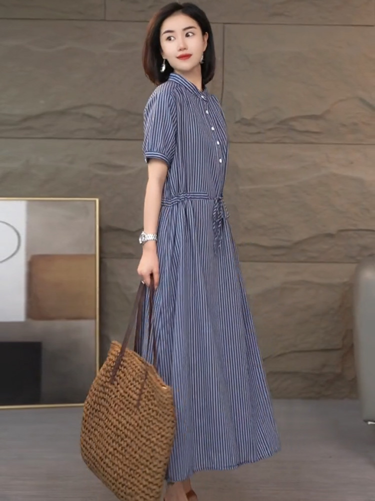 ボーダー服 立ち襟縦縞マキシワンピース