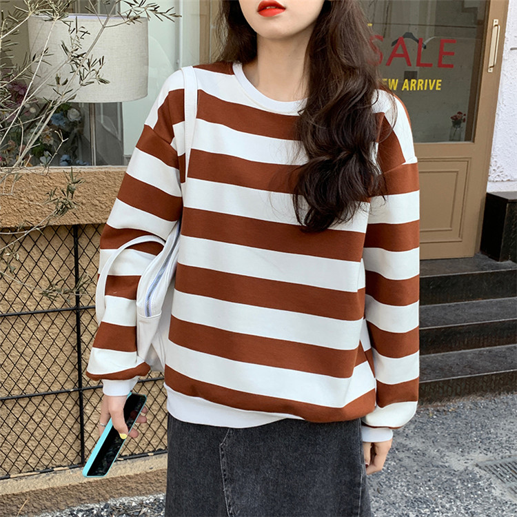 ボーダー服 ロンT ゆったり暖かボーダー柄厚手丸首ロンT
