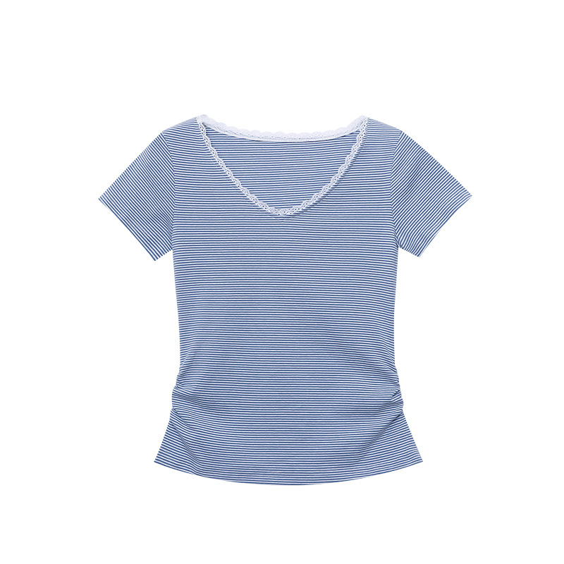 ボーダー服 レース縁取りボーダー胸元Tシャツ