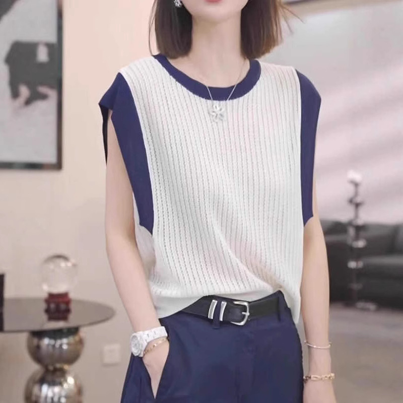 ボーダー服 透かし編みボーダーノースリーブ