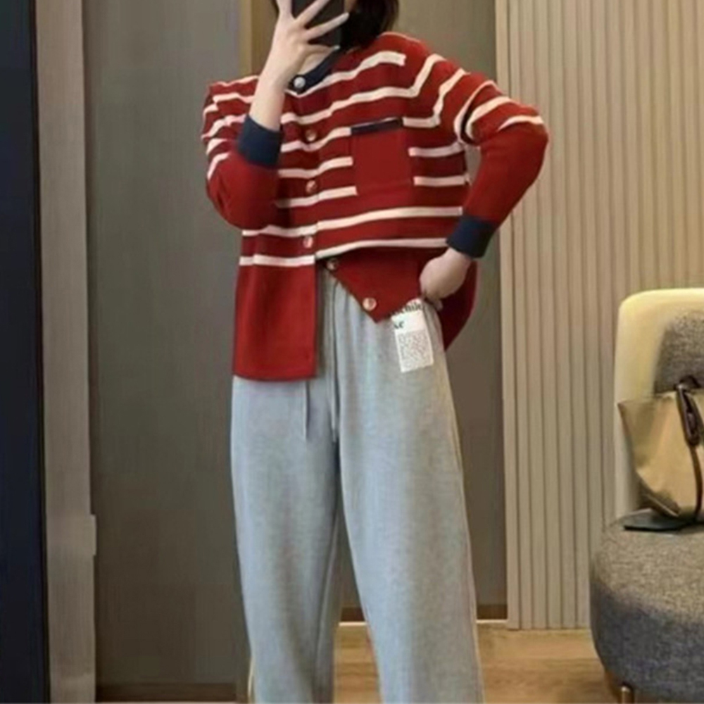 ボーダー服 ボーダー柄ニットカーディガン レディース 配色デザイン