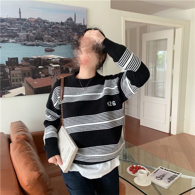 ボーダー服 秋冬ボーダーニットセーター レトロ厚手グリーン