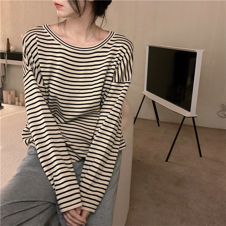 ボーダー服 ロンT ゆったりボーダー丸首ロンT長袖