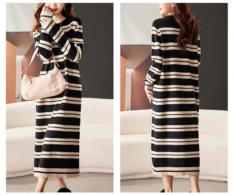 ボーダー服 新作ボーダー柄ニットワンピース長袖ロング丈体型カバー