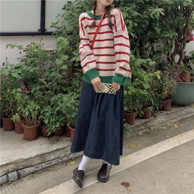 ボーダー服 ボーダーニットセーター レディース ゆったりリラックス風トップス