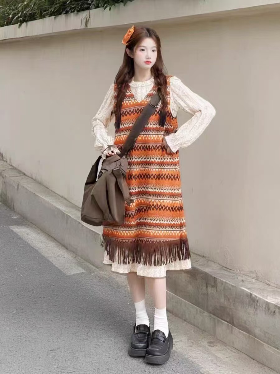 ボーダー服 ボーダー服 民族調フリンジボーダーワンピース
