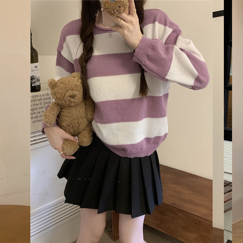 ボーダー服 二〇二三年新作 女性用丸首ボーダーニットセーター 紫白横縞