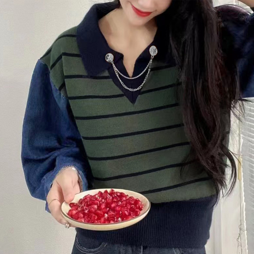 ボーダー服 デニム袖切り替えポロカラーボーダーニット