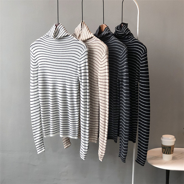 ボーダー服 ボーダー柄タートルネック長袖トップス