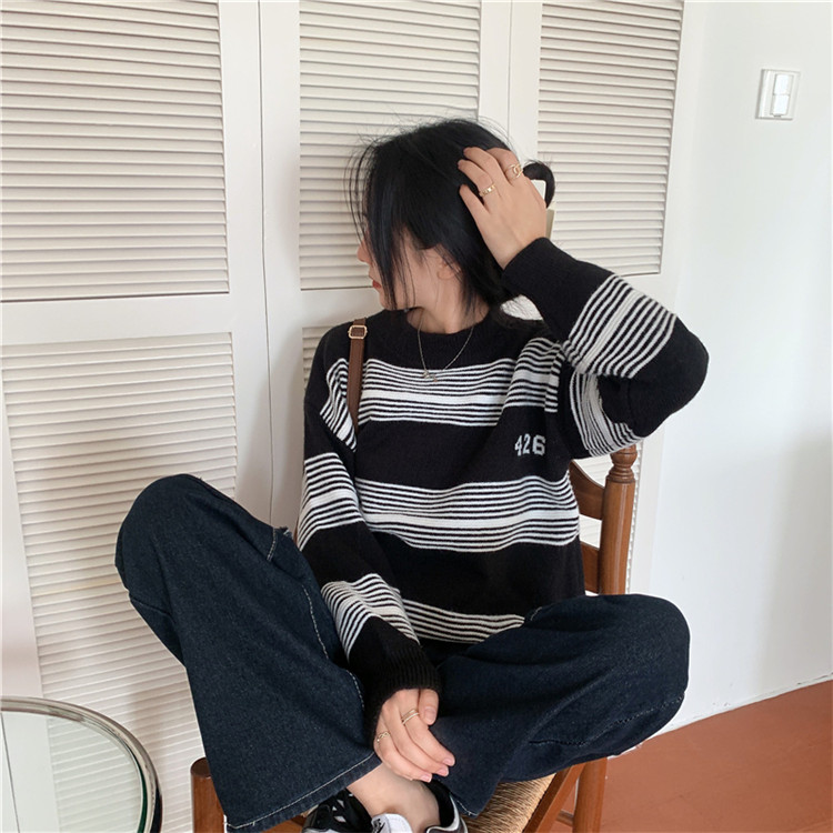 ボーダー服 秋冬ボーダーニットセーター レトロ厚手グリーン