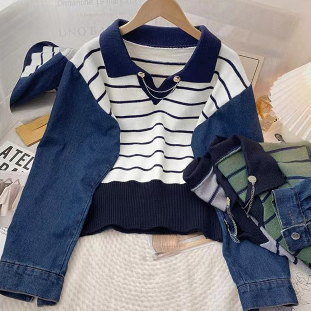 ボーダー服 デニム袖切り替えポロカラーボーダーニット