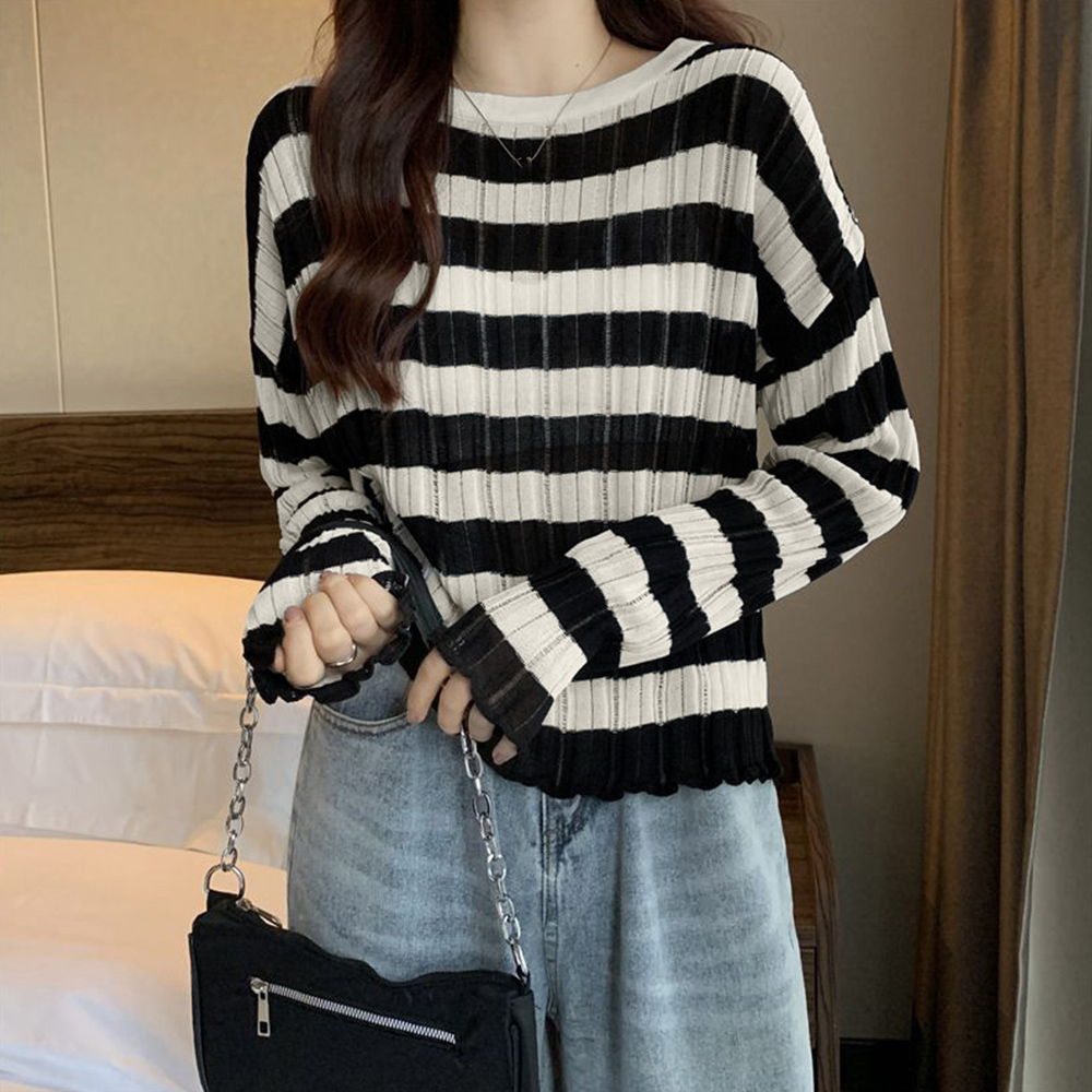 ボーダー服 ボーダー柄リブニットトップス長袖