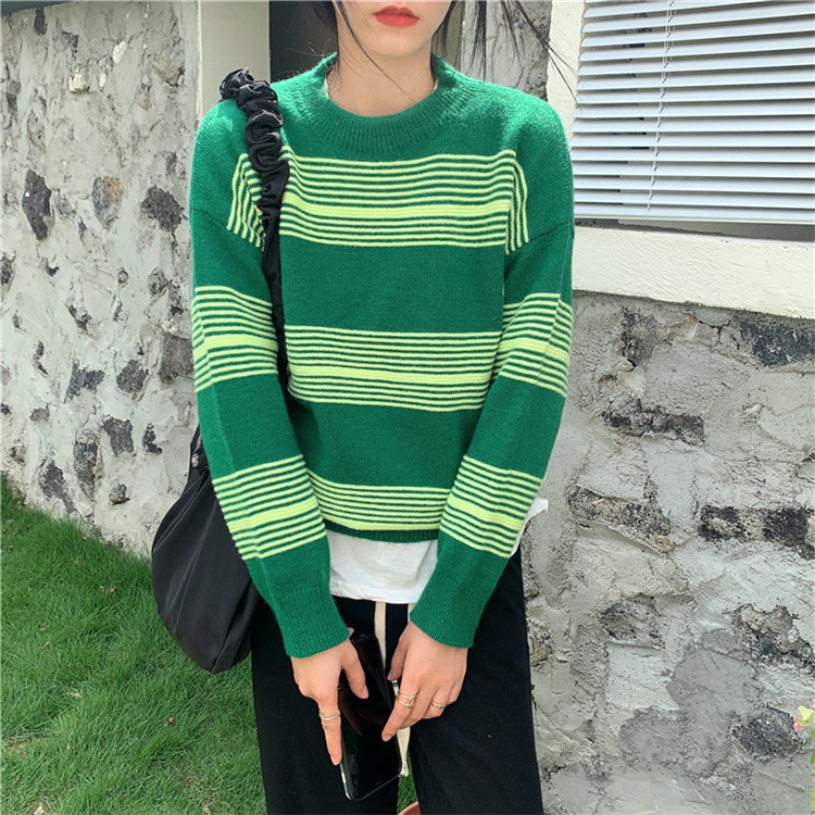 ボーダー服 秋冬ボーダーニットセーター レトロ厚手グリーン