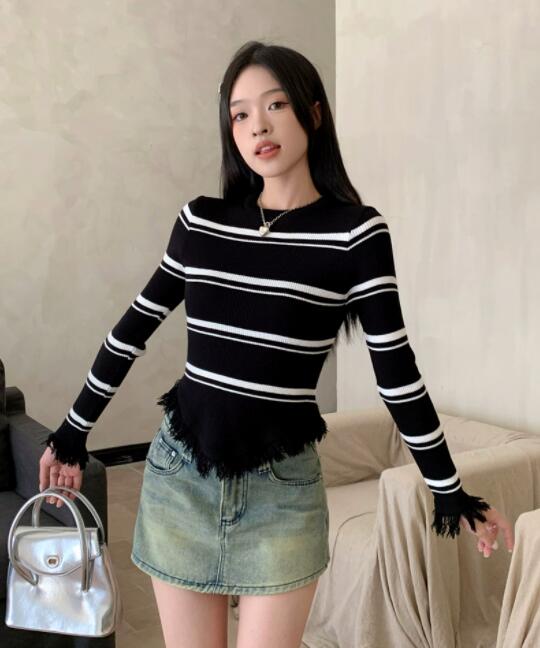 ボーダー服 レディース ボーダーニット フリンジ付き 長袖セーター