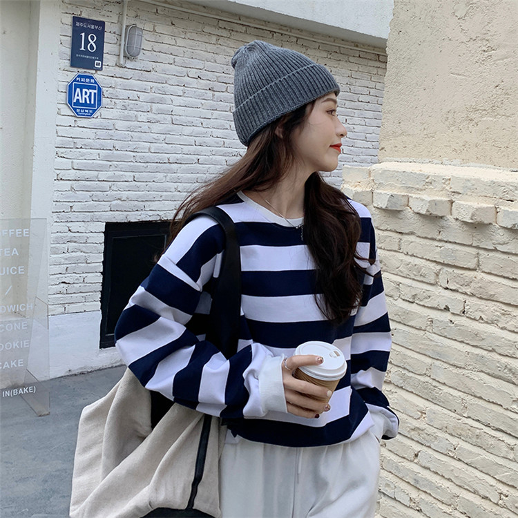 ボーダー服 ロンT ゆったり暖かボーダー柄厚手丸首ロンT