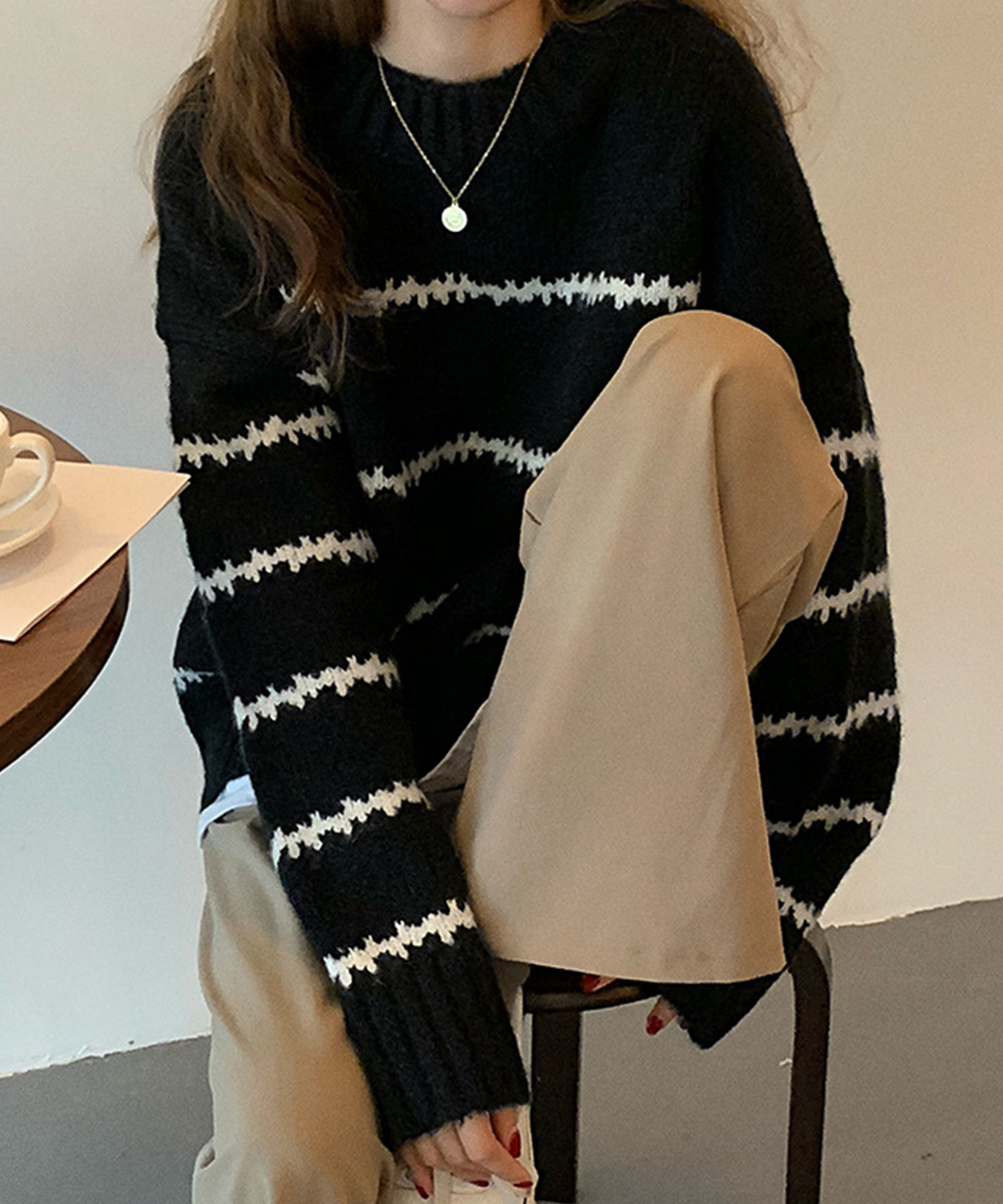 ボーダー服 ボーダーニットセーター レディース 長袖 丸首