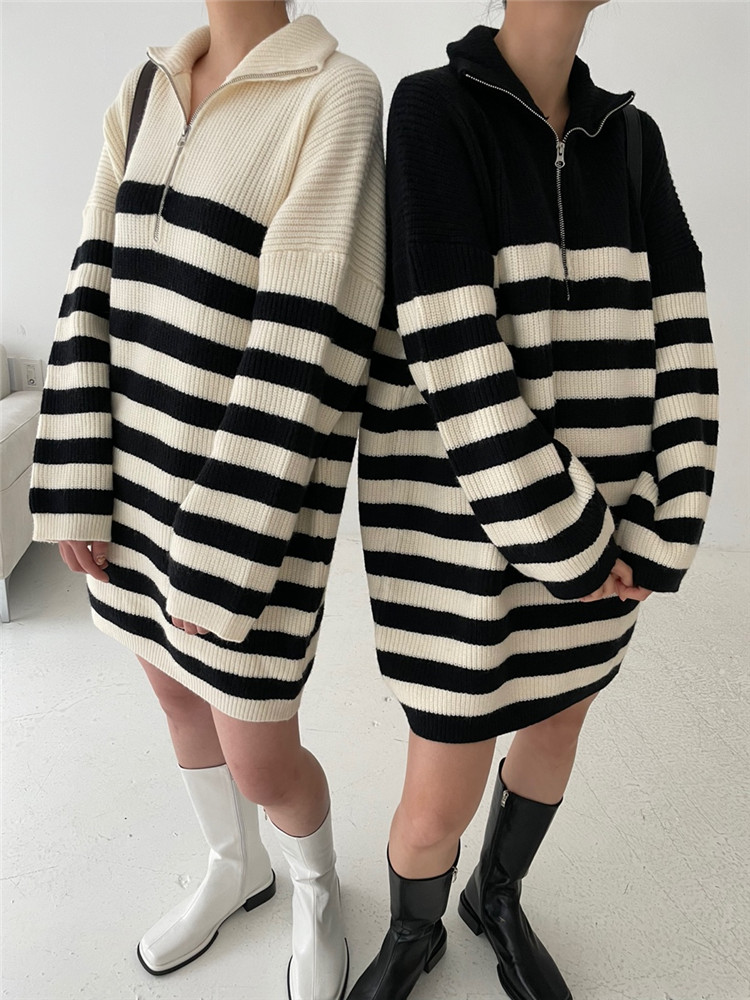 ボーダー服 ジッパー付きボーダーニットワンピース厚手暖かセーター