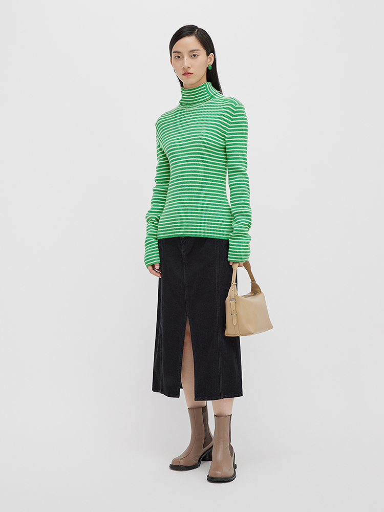 ボーダー服 リブ編み細ボーダータートルネック