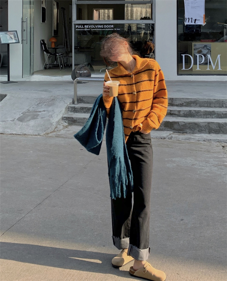 ボーダー服 復古気質ボーダーカーディガン長袖ニット