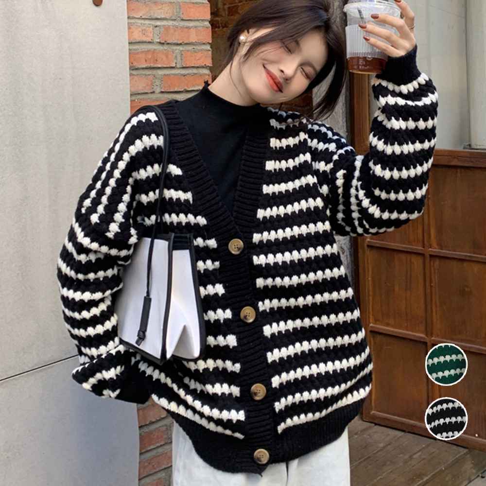 ボーダー服 配色ボーダー柄ニットカーディガン 深Ｖネック