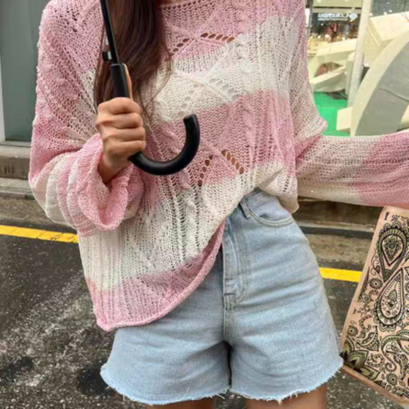ボーダー服 透かし編みボーダーニット