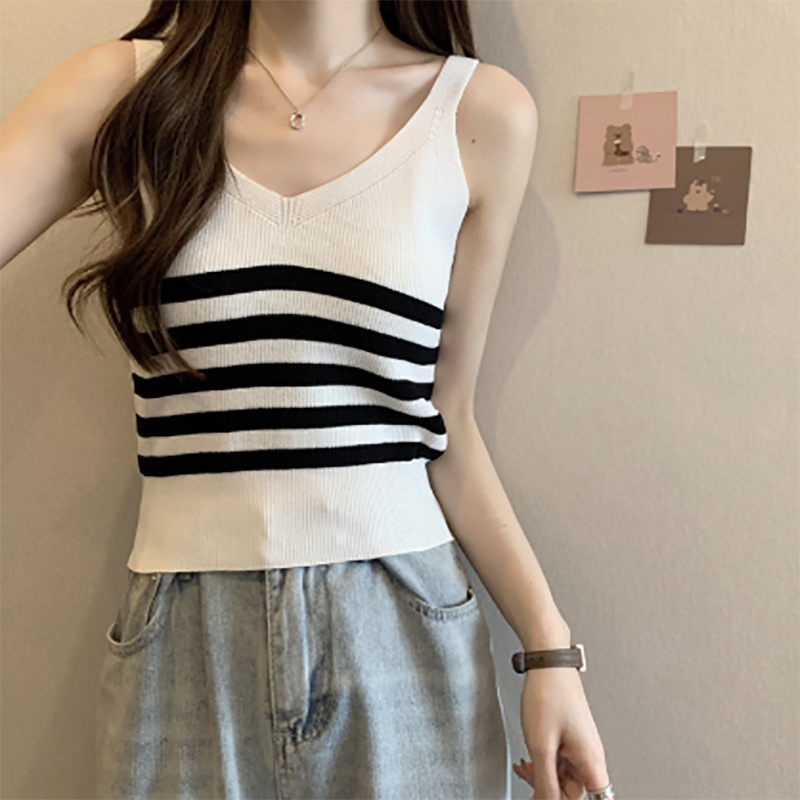 ボーダー服 タンクトップ ボーダー柄ニットタンクトップ無地切替伸縮インナー