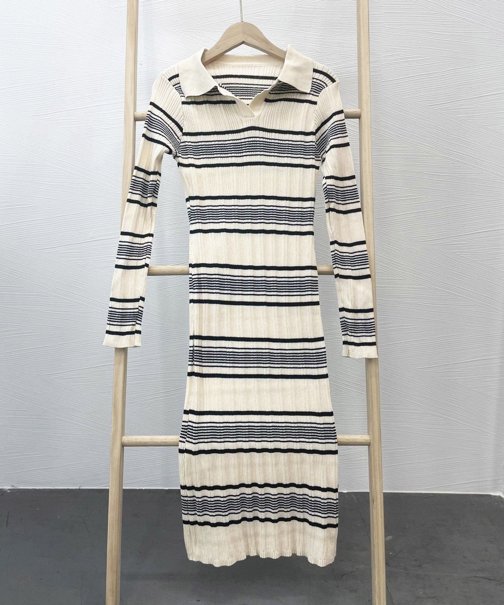 ボーダー服 襟付きボーダーニットワンピース 長袖タイトワンピ